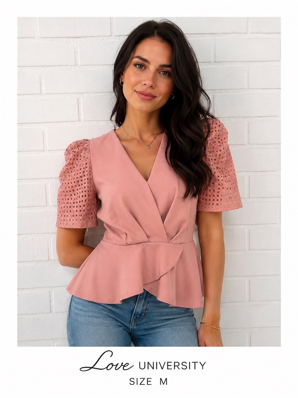 Love University Blush Pink Faux Wrap Peplum Blouse Puff Sleeve feminine/Size M